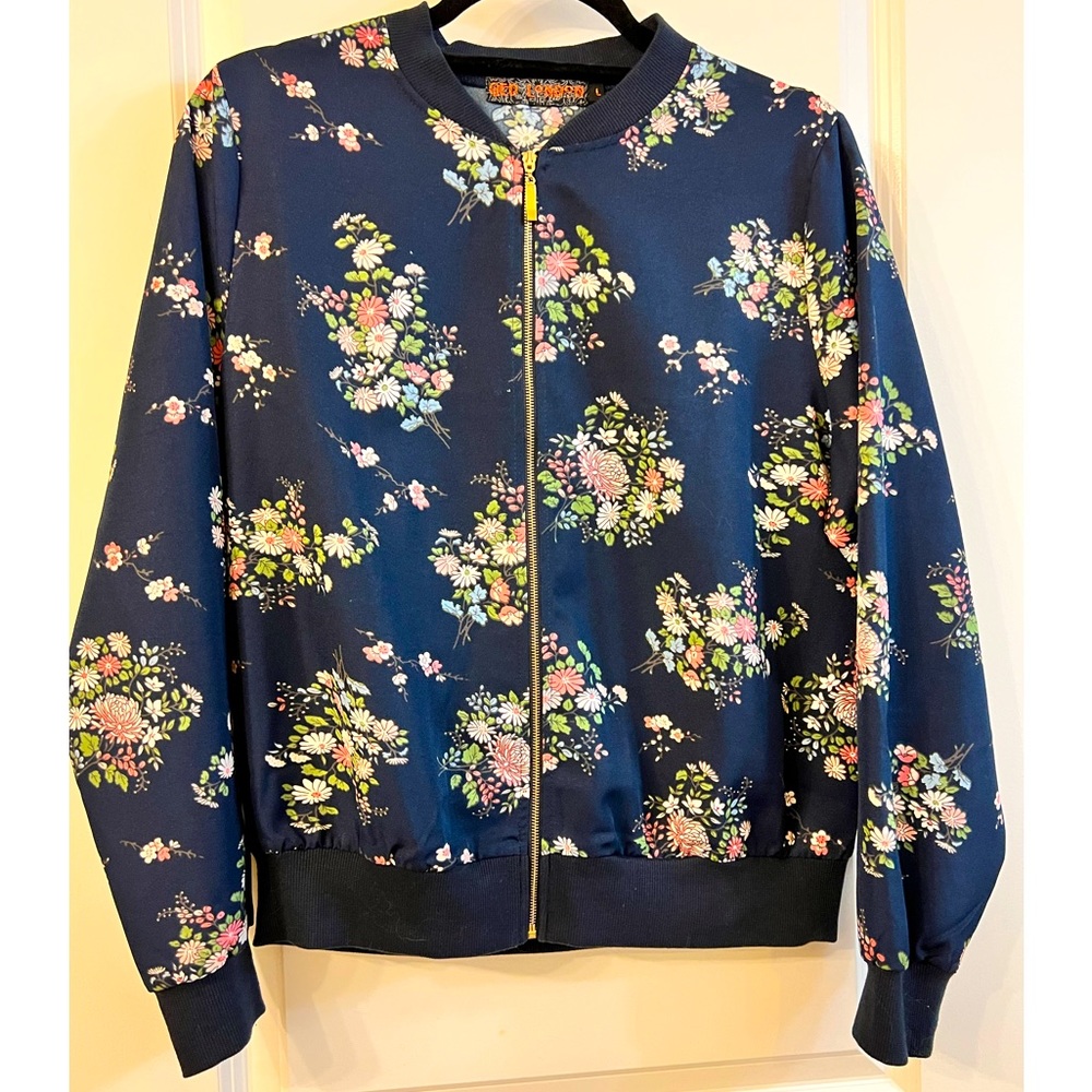 QED London Navy Blue floral bomber jacket
